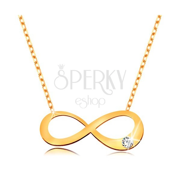 Zlatý 14K náhrdelník - plochý symbol nekonečna s čírym briliantom, ligotavá retiazka