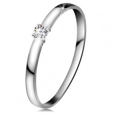 Briliantový prsteň v bielom 14K zlate - diamant čírej farby, lesklé ramená