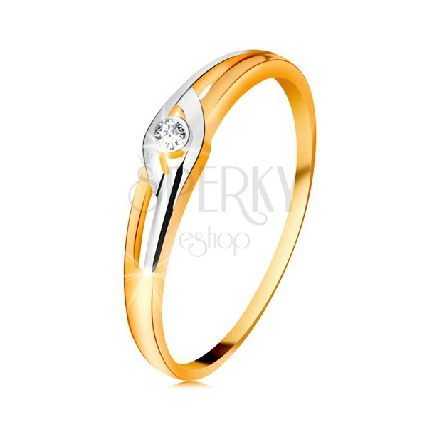Diamantový prsteň zo 14K zlata, dvojfarebné ramená s výrezmi, číry briliant