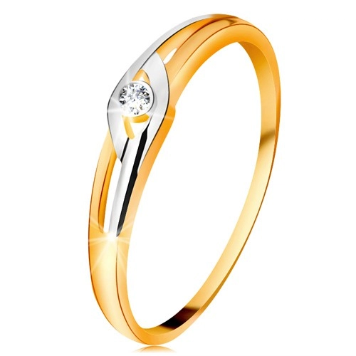 Diamantový prsteň zo 14K zlata, dvojfarebné ramená s výrezmi, číry briliant - Veľkosť: 54 mm