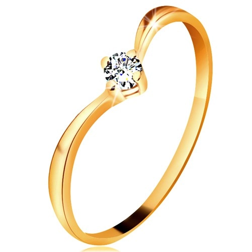 Prsteň zo žltého zlata 585 - lesklé zahnuté ramená, ligotavý číry diamant - Veľkosť: 60 mm