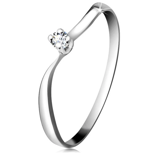 Diamantový prsteň z bieleho 14K zlata - ligotavý briliant v kotlíku, zvlnené ramená - Veľkosť: 60 mm