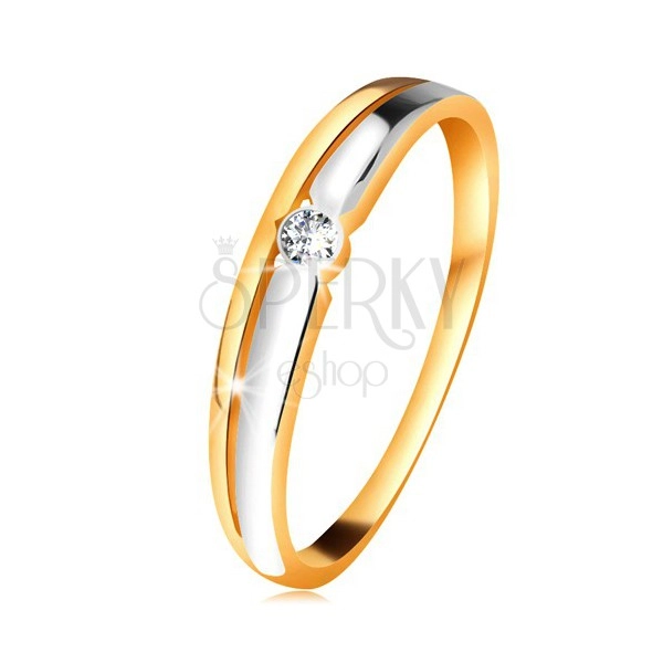 Briliantový prsteň zo 14K zlata - číry diamant v okrúhlej objímke, dvojfarebné línie