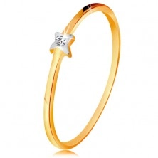 Dvojfarebný zlatý prsteň 585 - hviezdička s čírym briliantom, tenké ramená