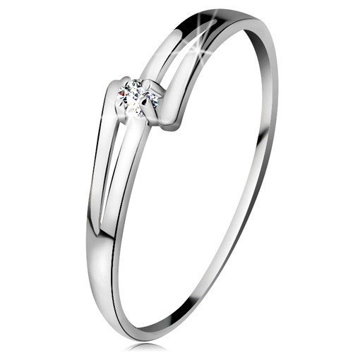 Briliantový prsteň v bielom 14K zlate - rozdelené lesklé ramená, číry diamant - Veľkosť: 58 mm