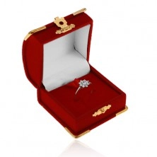 Červená zamatová krabička na prsteň, prívesok alebo náušnice, detaily v zlatej farbe