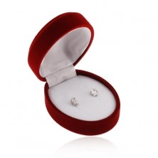Oválna bordová krabička na náušnice, prívesok alebo dva prstene, zamatový povrch