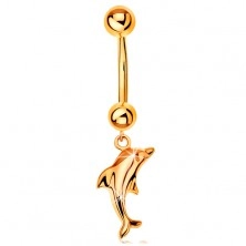 Zlatý 375 piercing do pupku - banán s dvoma guličkami a visiaci lesklý delfín