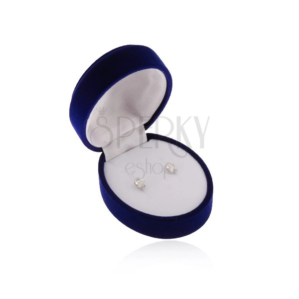 Zamatová oválna krabička na náušnice, prívesok alebo dva prstene, modrá farba