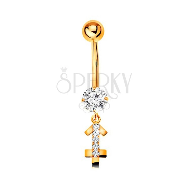 Zlatý 9K piercing do bruška - číry zirkón, ligotavý symbol zverokruhu - STRELEC