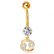 Zlatý 9K piercing do bruška - číry zirkón, ligotavý symbol zverokruhu - RAK
