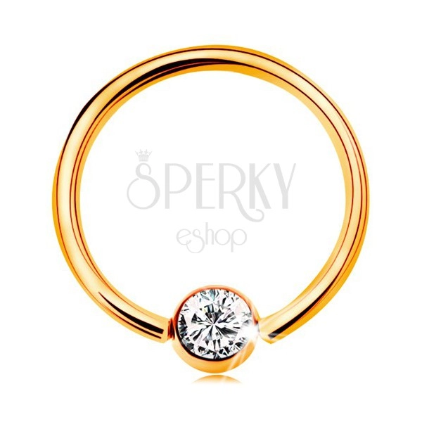 Zlatý 14K piercing - lesklý krúžok a gulička so vsadeným zirkónom čírej farby, 14 mm