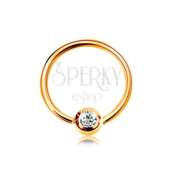 Zlatý 14K piercing - lesklý krúžok a gulička so vsadeným zirkónom čírej farby, 8 mm