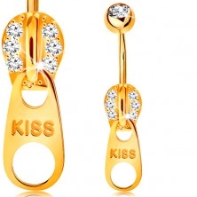Piercing do bruška v žltom 9K zlate - zips zdobený zirkónikmi a nápisom KISS