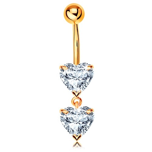 E-shop Šperky Eshop - Zlatý 375 piercing do pupka - dve trblietavé srdiečka z čírych zirkónov S2GG182.33