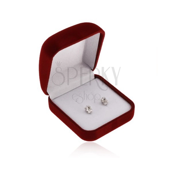 Zamatová krabička na prstene alebo náušnice, bordová farba, skosená vrchná časť