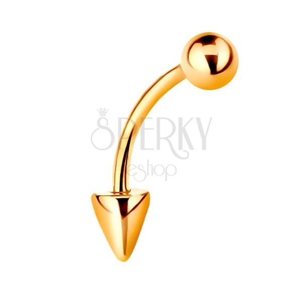 Zlatý 14K piercing - lesklá zahnutá činka s guličkou a kužeľom, 10 mm