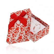 Bielo-červená krabička na set alebo náhrdelník, potlač srdiečok, mašľa