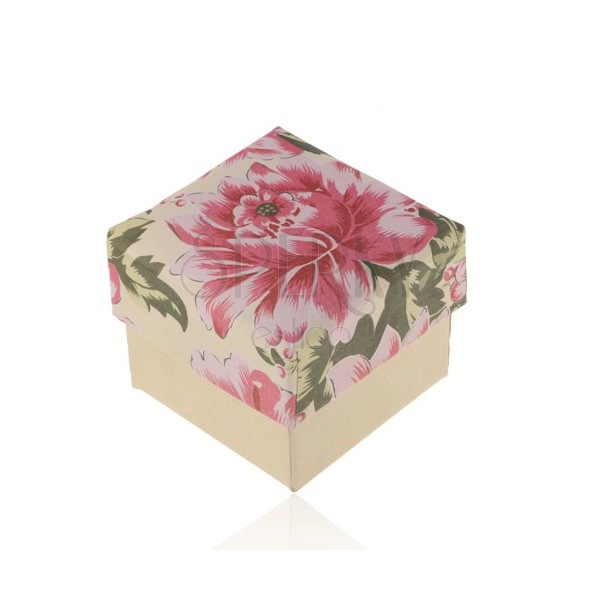 Papierová krabička na prsteň alebo náušnice, perleťovo-béžová s ružovým kvetom