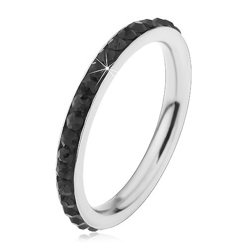 Oceľový prsteň striebornej farby, ligotavé čierne zirkóniky - Veľkosť: 57 mm