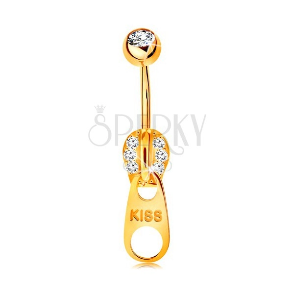 Piercing do bruška v žltom 14K zlate - zips zdobený zirkónikmi a nápisom KISS