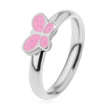 Detský prsteň z chirurgickej ocele, strieborný odtieň, motýlik s ružovou glazúrou