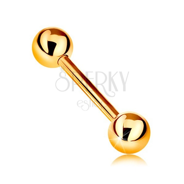 Zlatý 9K piercing - barbell s dvoma lesklými guličkami, žlté zlato, 12 mm