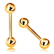 Zlatý 9K piercing - barbell s dvoma lesklými guličkami, žlté zlato, 12 mm