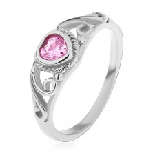 Detský prsteň z ocele 316L, ružové zirkónové srdiečko, rozdelené ramená s ornamentami
