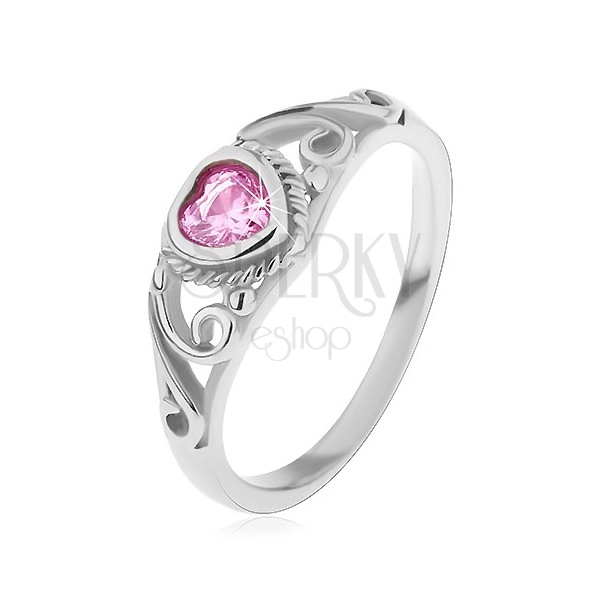 Detský prsteň z ocele 316L, ružové zirkónové srdiečko, rozdelené ramená s ornamentami