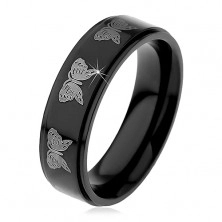 Čierny oceľový prsteň, potlač motýľov striebornej farby, 6 mm