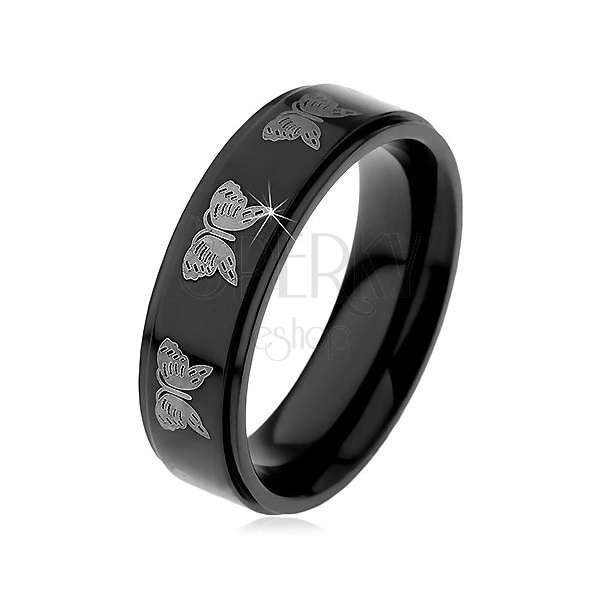 Čierny oceľový prsteň, potlač motýľov striebornej farby, 6 mm