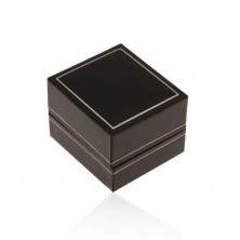 Čierna koženková krabička na prsteň, tenký lem v striebornom odtieni