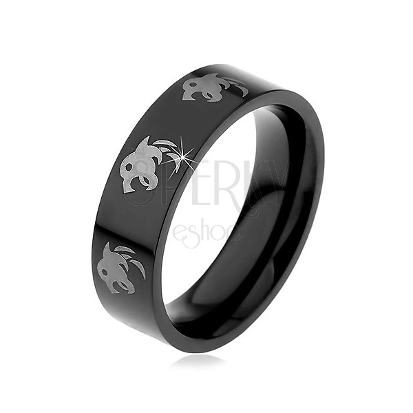 Čierny oceľový prsteň, potlač vlkov striebornej farby, 6 mm