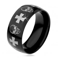 Oceľový prsteň s čiernym povrchom, lebky a kríže striebornej farby, 9 mm