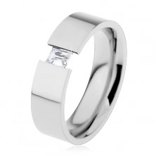 Oceľový prsteň striebornej farby s čírym obdĺžnikovým zirkónom, 6 mm
