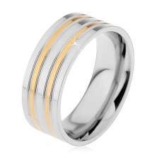 Oceľový prsteň striebornej farby s vyvýšenými pásmi v zlatom odtieni, 8 mm