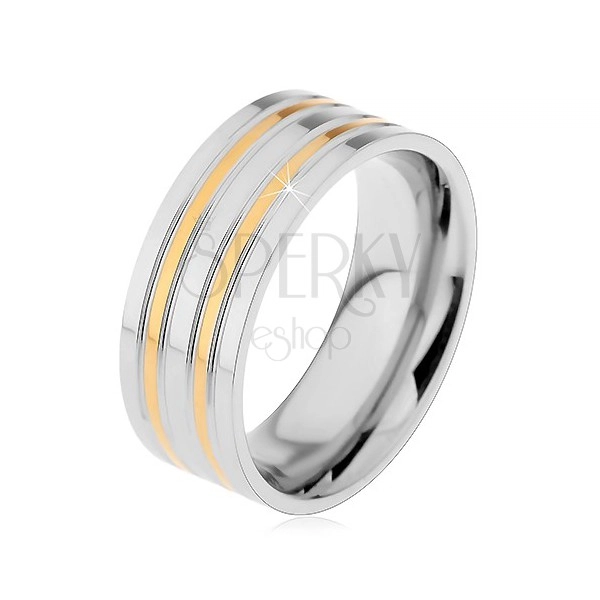 Oceľový prsteň striebornej farby s vyvýšenými pásmi v zlatom odtieni, 8 mm