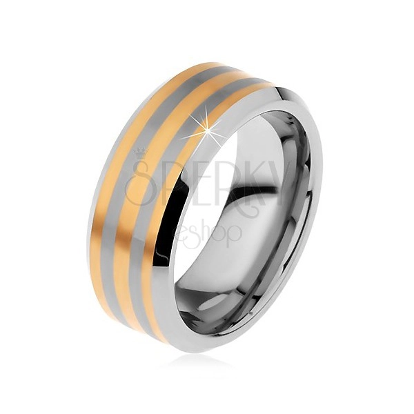Dvojfarebný tungstenový prsteň s troma pásikmi zlatej farby, lesklo-matný, 8 mm