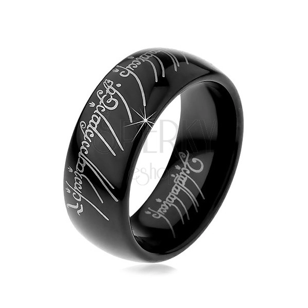 Prsteň z volfrámu - hladká čierna obrúčka, motív Pána prsteňov, 8 mm