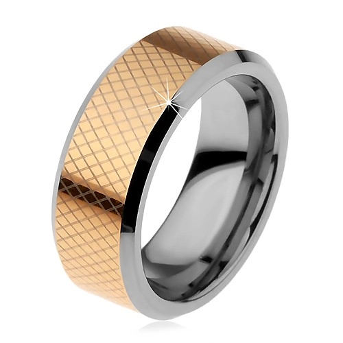 E-shop Šperky Eshop - Dvojfarebný volfrámový prsteň, drobné kosoštvorce, skosené okraje, 8 mm H8.03
