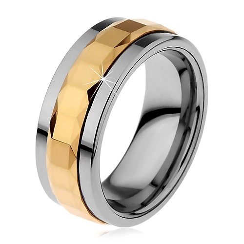 Prsteň z tungstenu, strieborná a zlatá farba, otáčavý stredový pás so štvorcami, 8 mm - Veľkosť: 59 mm