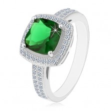 Ródiovaný prsteň, striebro 925, zelený štvorcový zirkón a číry zirkónový lem