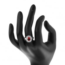 Strieborný prsteň 925 s červeným oválnym zirkónom a čírymi zirkónikmi, ródiovaný