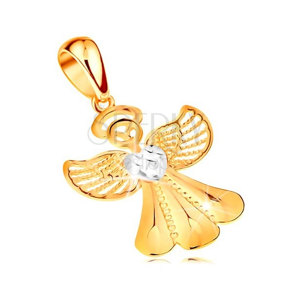 Dvojfarebný prívesok zo 14K zlata - lesklý anjel s filigránovými krídlami a srdiečkom