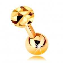 Zlatý 14K piercing do ucha - lesklá rovná činka s guličkou a brúseným kolieskom, 5 mm