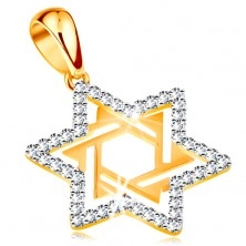 Zlatý prívesok 585 - Dávidova hviezda zdobená čírymi zirkónmi a výrezmi