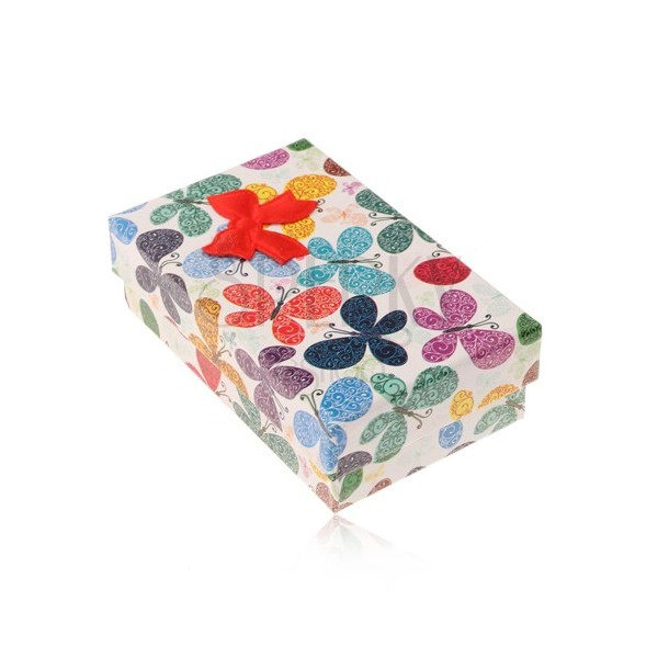 Farebná krabička na set alebo retiazku, vzor motýľov s ornamentami, mašľa