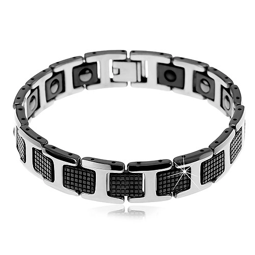 E-shop Šperky Eshop - Magnetický náramok z tungstenu - čierne dieliky a H-články striebornej farby AB29.09