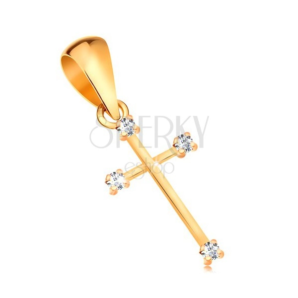 Zlatý prívesok 585 - ligotavý krížik s úzkymi ramenami a čírymi briliantmi